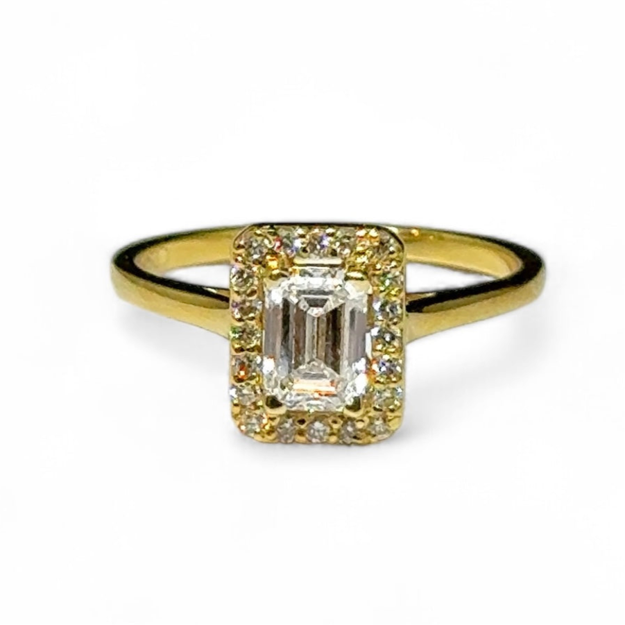 0.77 CT EMERALD CUT HALO RING