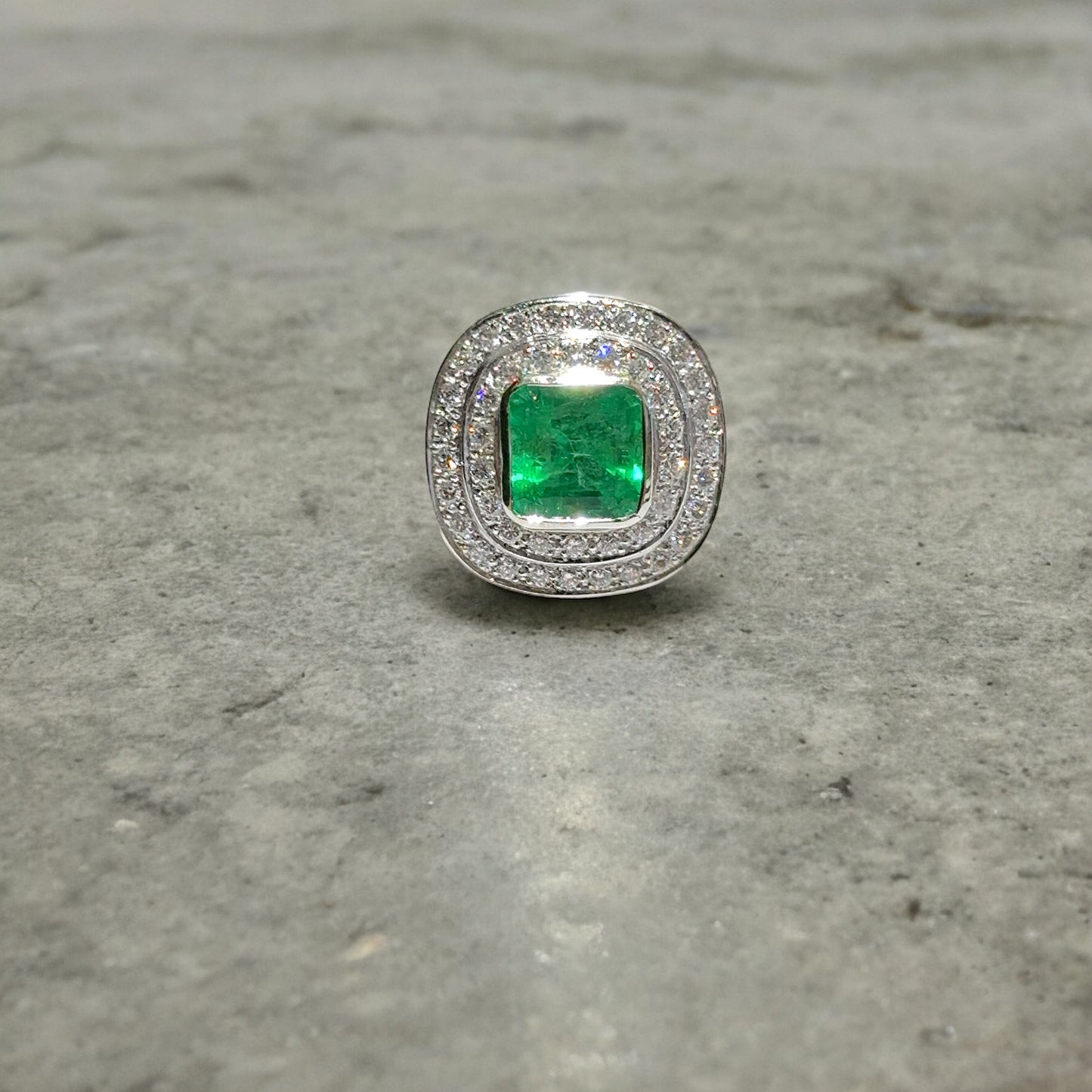 Emerald & Diamonds Double Halo Cluster Ring