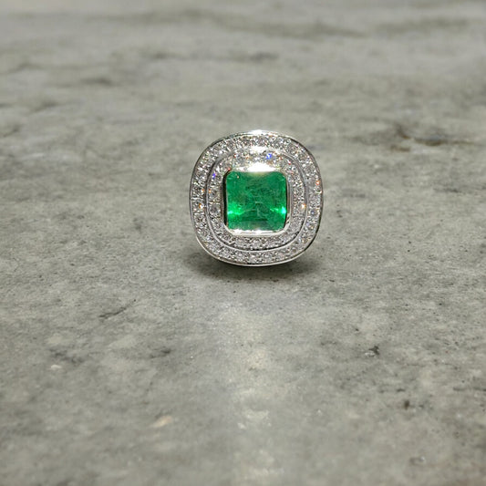 Emerald & Diamonds Double Halo Cluster Ring