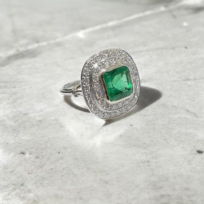 Emerald & Diamonds Double Halo Cluster Ring